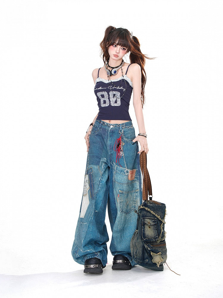 Wash Faded Pockets Wide-Leg Cut Jeans Denim Blue