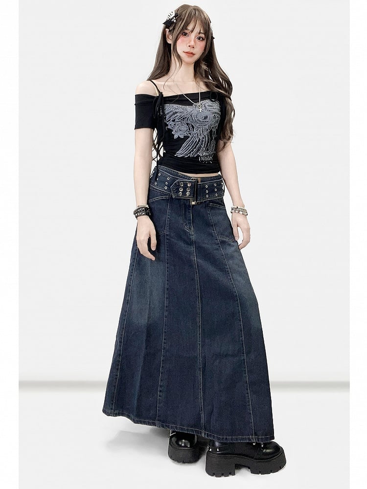 Off-the-shoulder Neckline Decorated Floral Black Rhinestone T-shirt Design Y2K