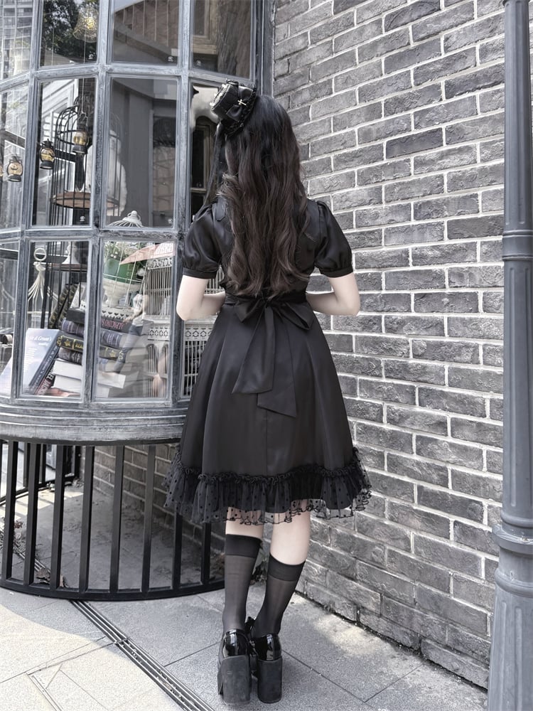 Back Bow Tie Black Ruffled Lace Trim Self-tie + Jirai Kei Chiffon Dress
