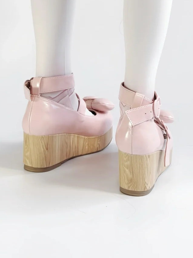 Platform - Shoes Top Buckles at Bow PU Sweet Heart Baby Pink