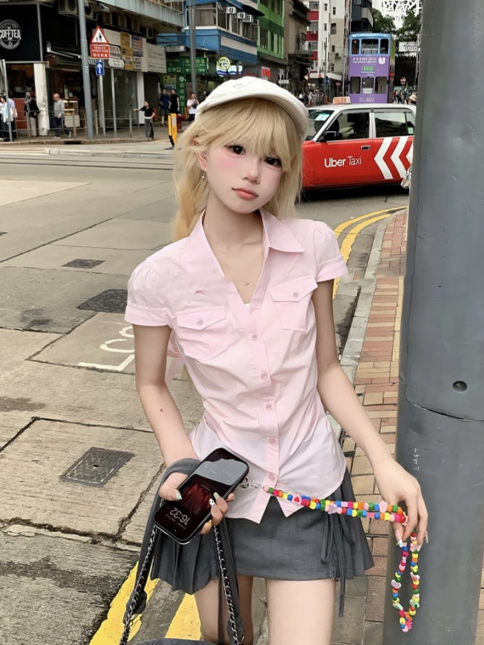 Pleated Skirt Style Preppy Sweet Pink Short Sleeve Shirt/Gray Mini