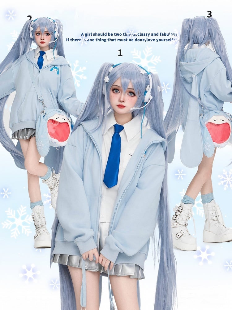 Full Set: Ears Snow + Tie Oversized Blue Hoodie + Socks + Skirt + Bunny Shirt