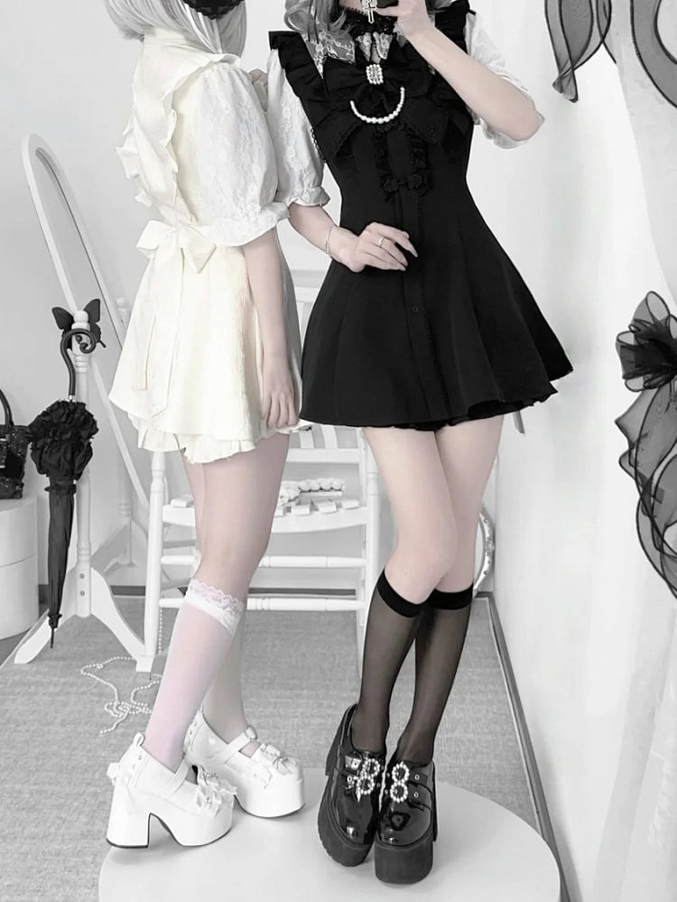 Tie+Hairclips Y2K Sleeves Dress+Shorts+Bow Kei Set-Cheongsam Collar Short White Jirai