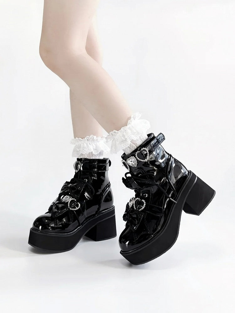 Plateau Stiefeletten Schnallen Jirai Kei Poliert und Schwarz Strass Sweetheart mit