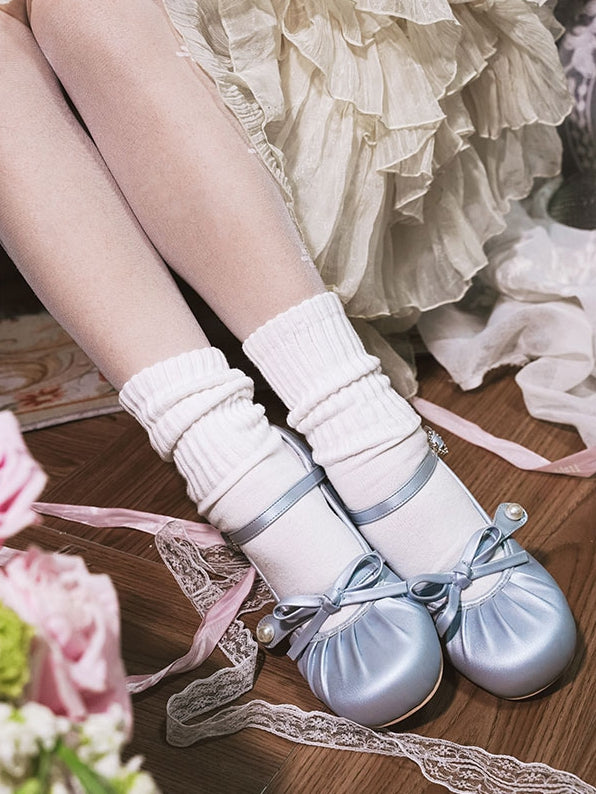 Blue Sweet - Toe Mary Janes Knotted Low-heel Buckle Top Heart Lolita Rhinestone at Bow Round