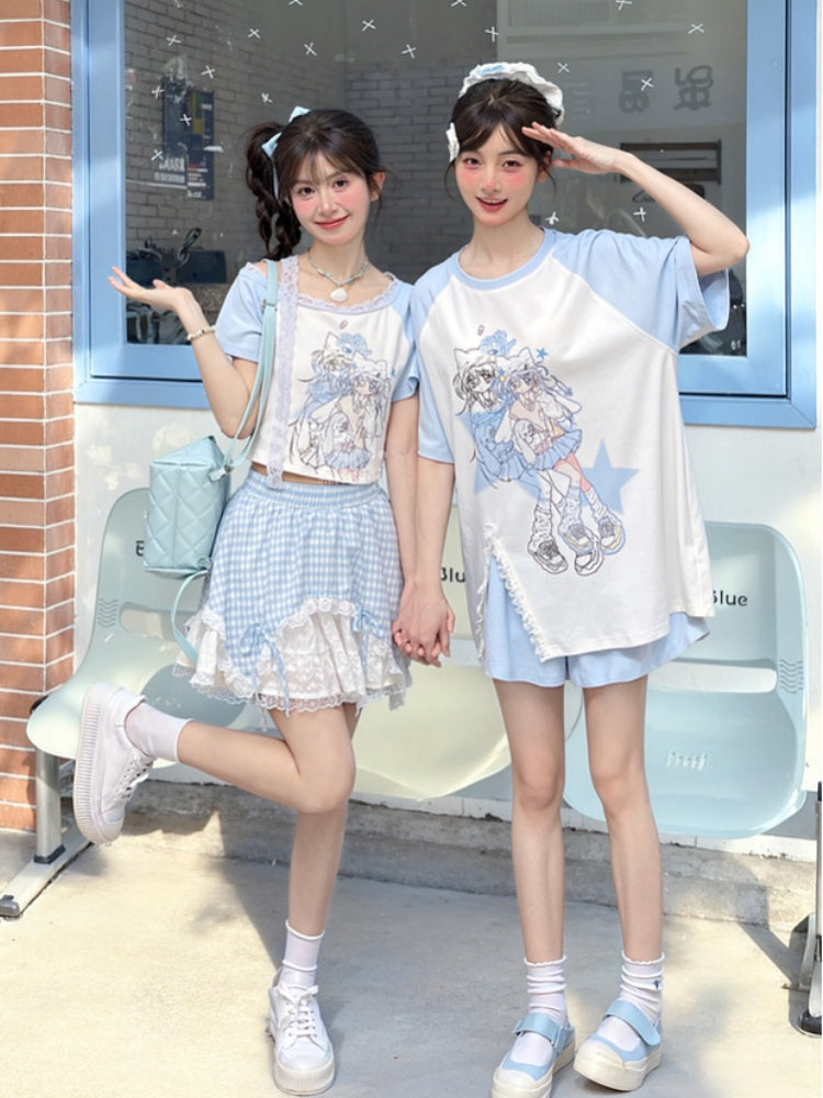 Light Blue Design Anime Girl Print T-Shirt Colorblock Short/Long Version