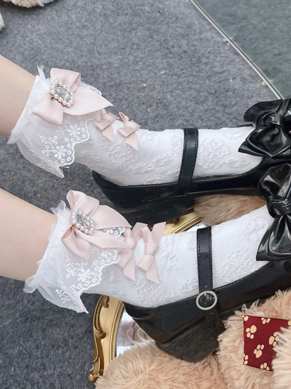 Cuffs Socks Rhinestone Bowknot Kei Jirai Lace Calf Details White/Black