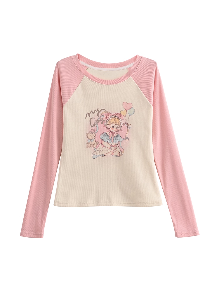 Top and Pink Slim-fitting Cartoon Girl Print Apricot Colorblock Design