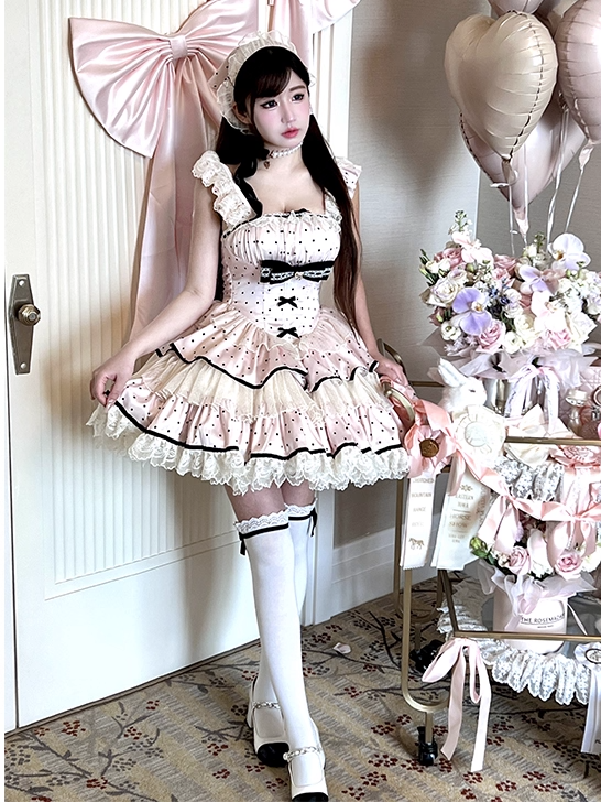 Polka Rock Stufen Schwarz Rosa Taille Baskenkleid Süße Punkte