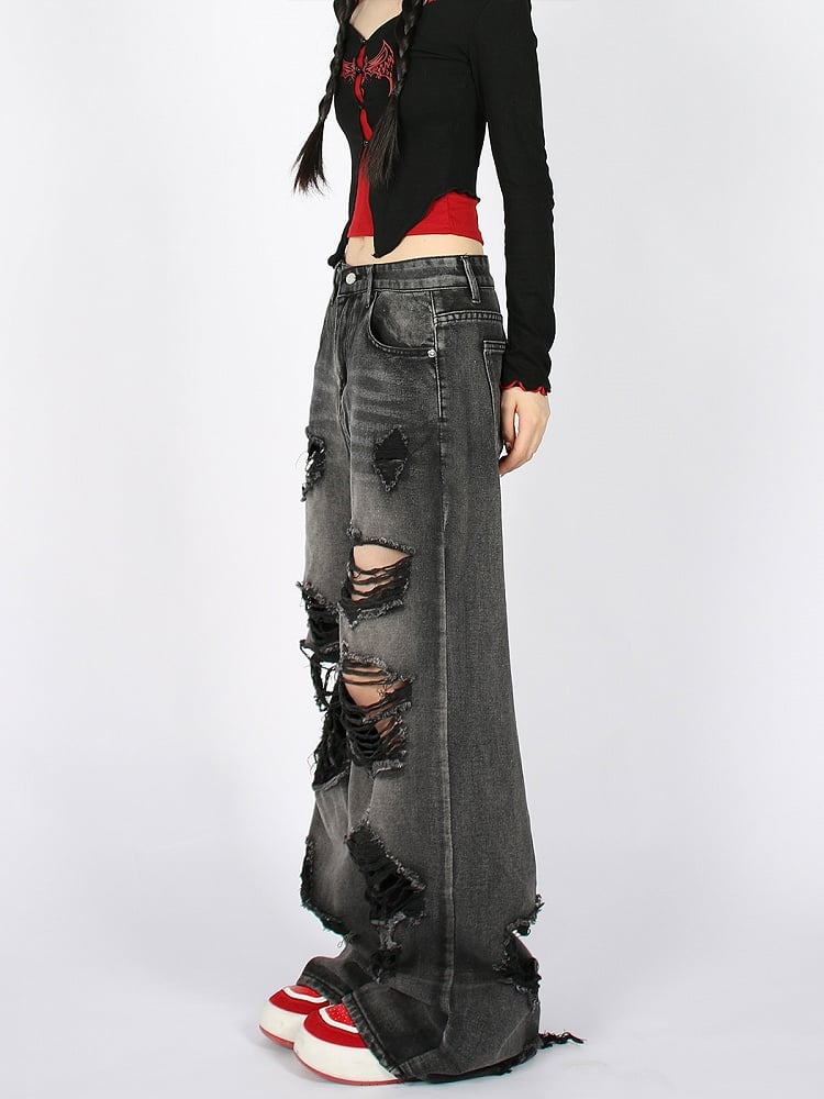 Waist Distressed Wide-Leg Jeans with Faded Wash Black Low