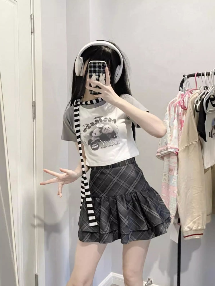 White Gray Cute Panda Print Cropped Top