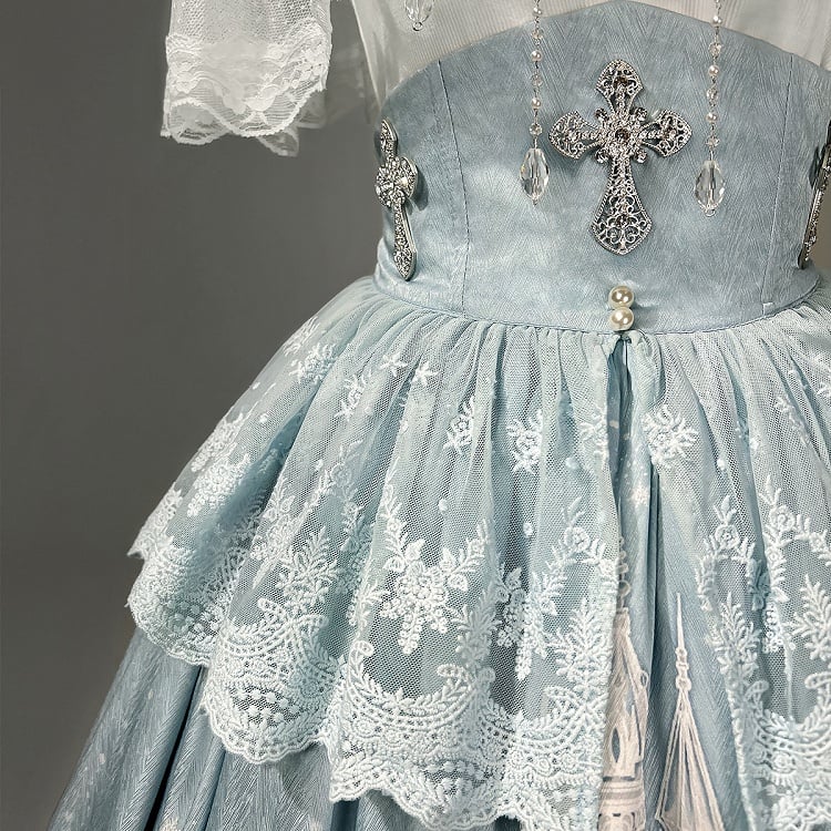 White Skirt High Cape Waist Top Cami + Tulle Print Castle Blue
