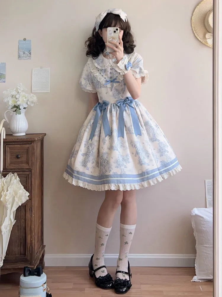 Kragen Lolita Kleid Pan Trauben Kurze Ärmel Blau Peter Print
