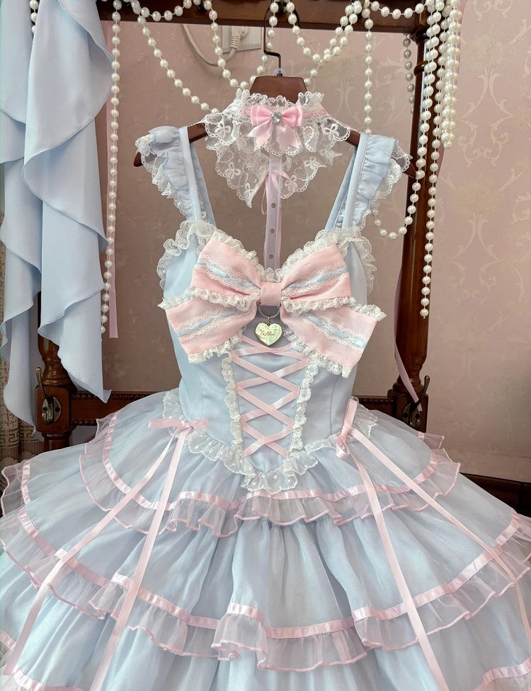Skirt and Pink Blue Jumper Skirt Hime Lolita Dress Flutter Sleeves Tiered