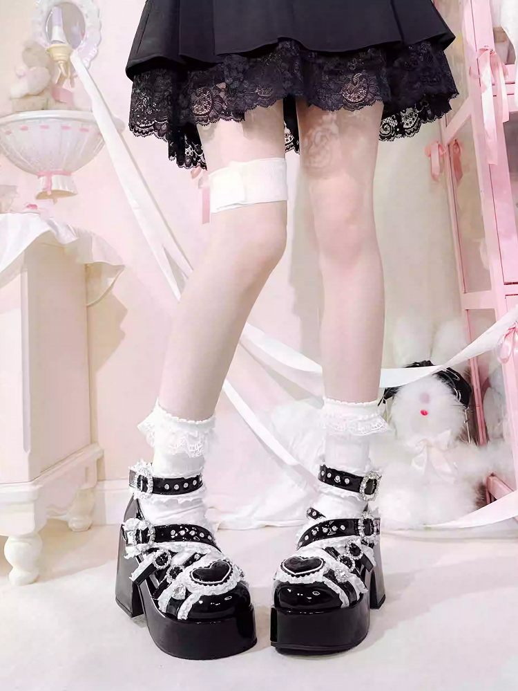 Jirai Buckle with Rhinestone Block Toe and Lace High Heel Embellished Black Straps Shoes: Round Cross Platform Kei