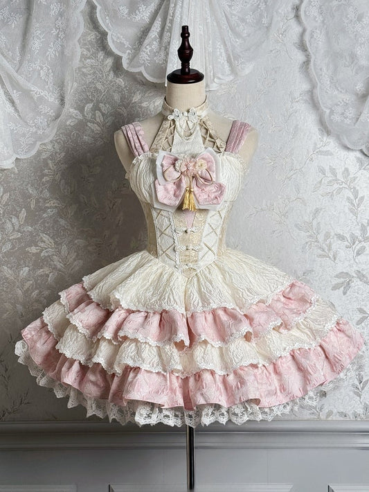 Hals Baskenkleid Taille Rosa Rock Halter Tiered Qi Abnehmbare Lolita