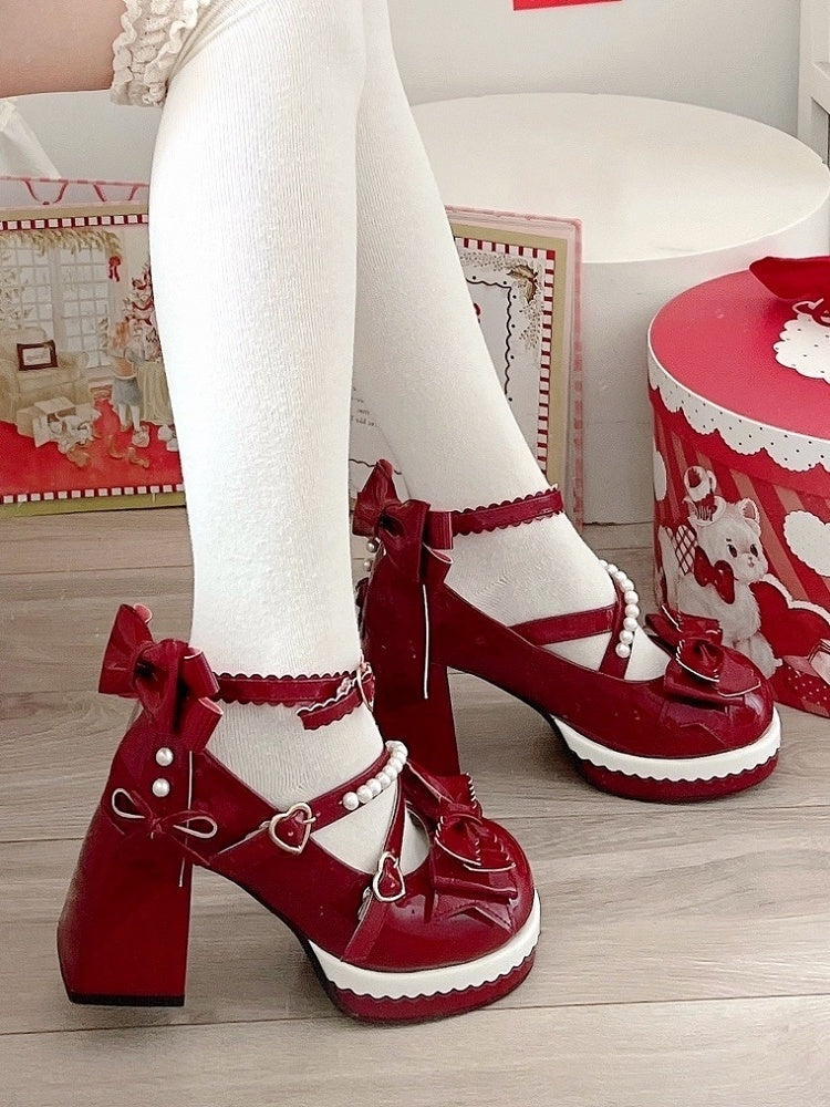 Heart Sweet Red PU Lolita Buckles Strap Bow Bead-Embellished Janes Leather with Mary Accents in Wine