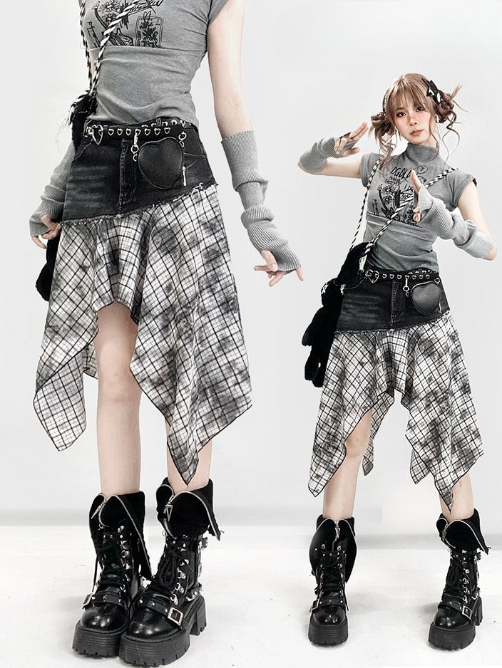 Plaid Handkerchief BlackWhite Y2K Pattern Skirt Hem