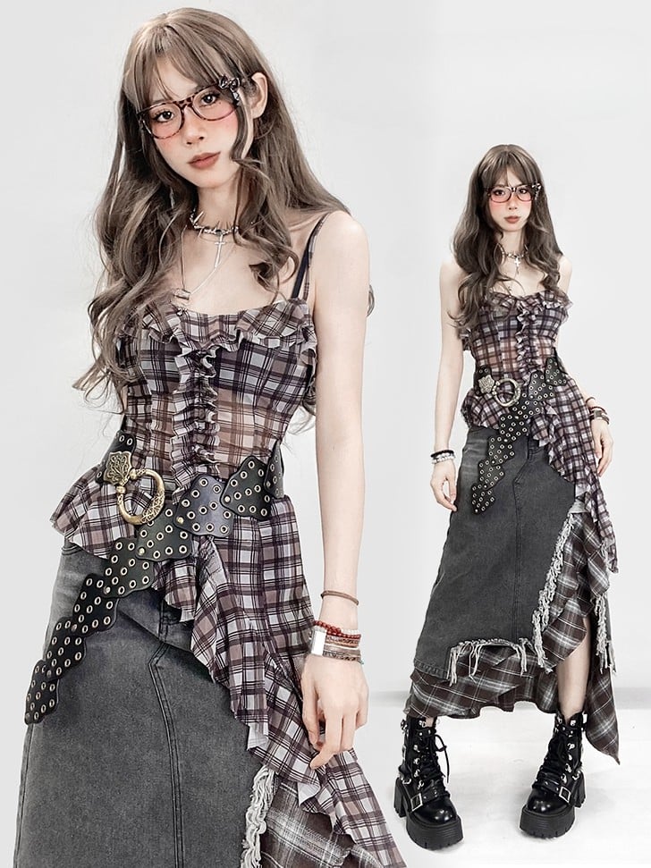 Saummuster Cami Glamorous Bittersweet Brown Plaid Asymmetrisch