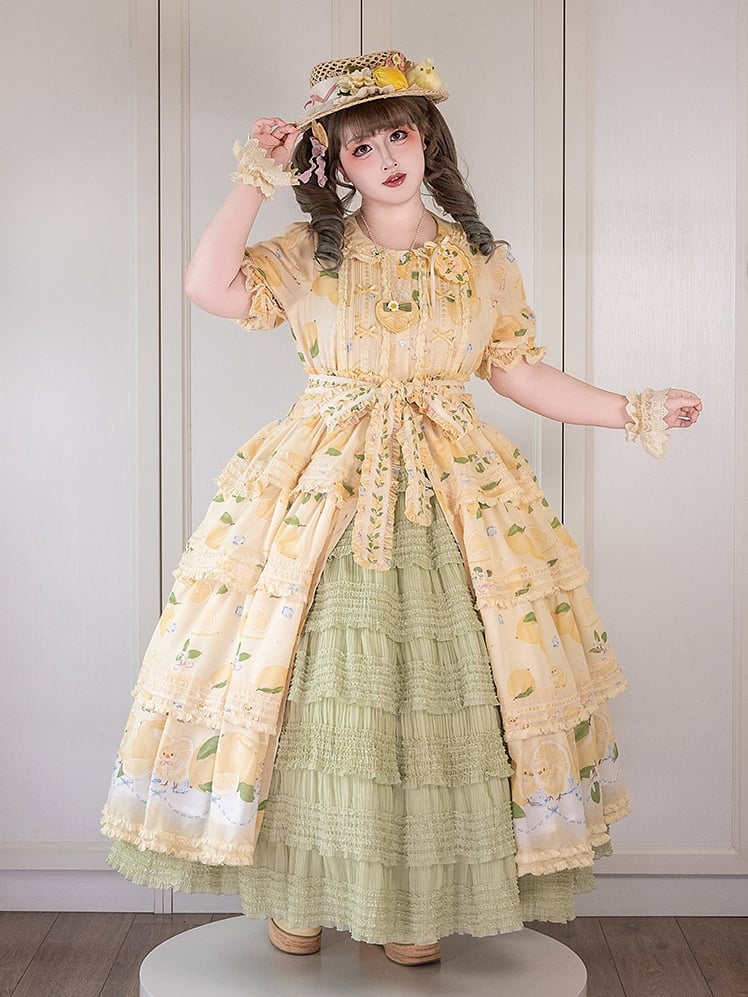 Button Chick Placket Skirt and Lolita Sleeves Short Print Yellow Front Lemon Dress Tiered