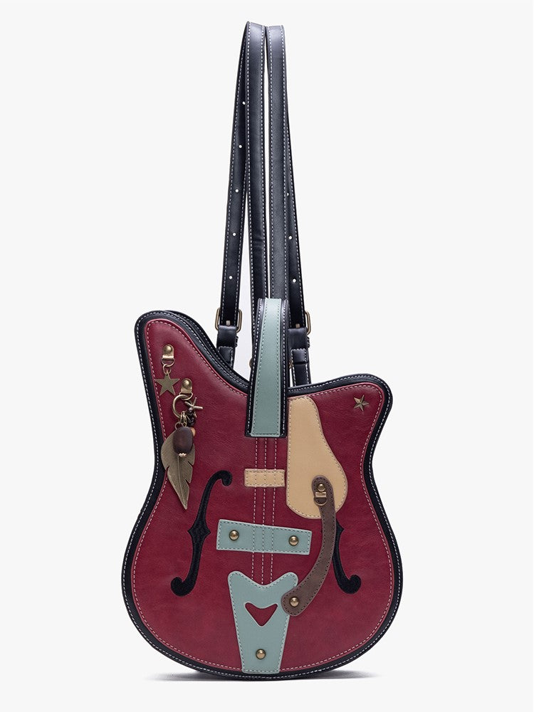 Guitar-Shaped 2-Way Chain Red With Tote Metal Bag Feather Vintage Accents
