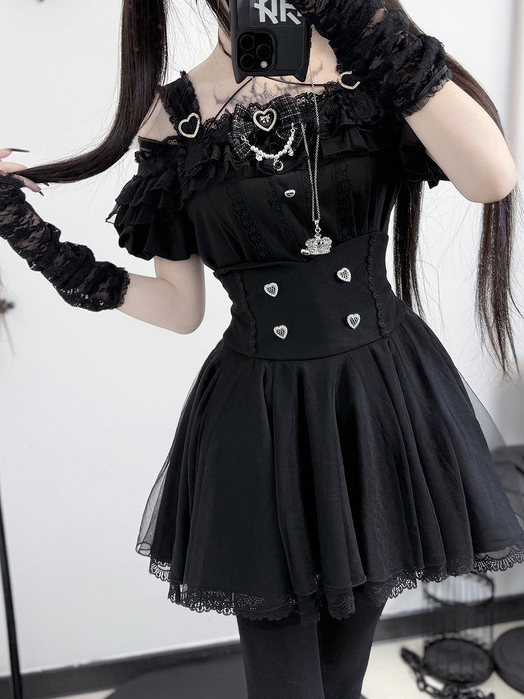 Trim Skirt Buttons Lace Sweetheart with Jirai Kei Black High Waist