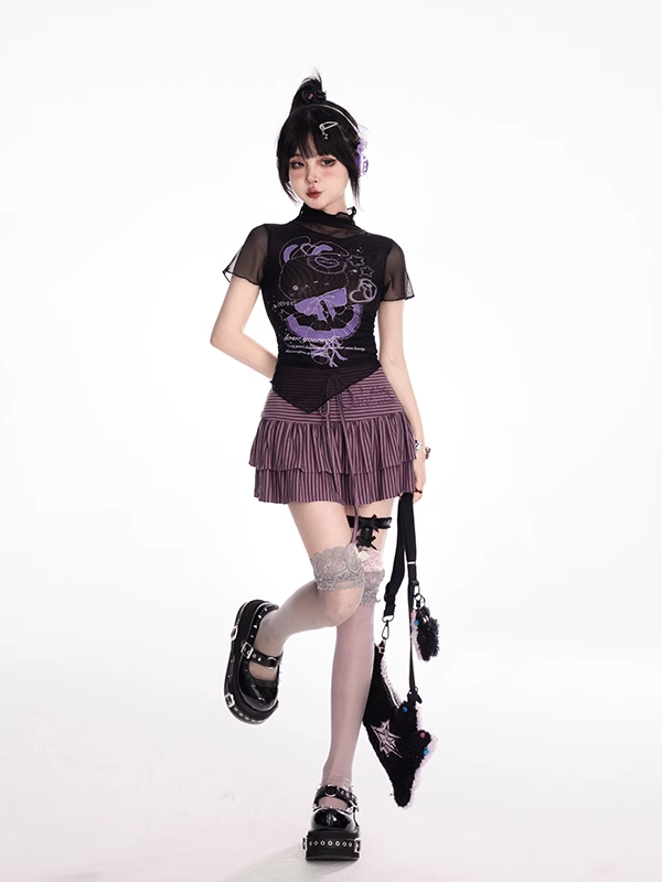 T-shirt Black Mock Neck Mesh Y2K Cute Bunny Print Curved Hem