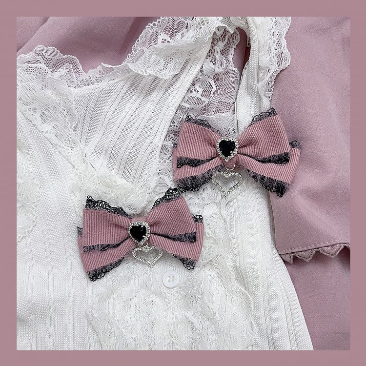 Pink Bow Lace Jirai Kei White/Black Trim Hairclips