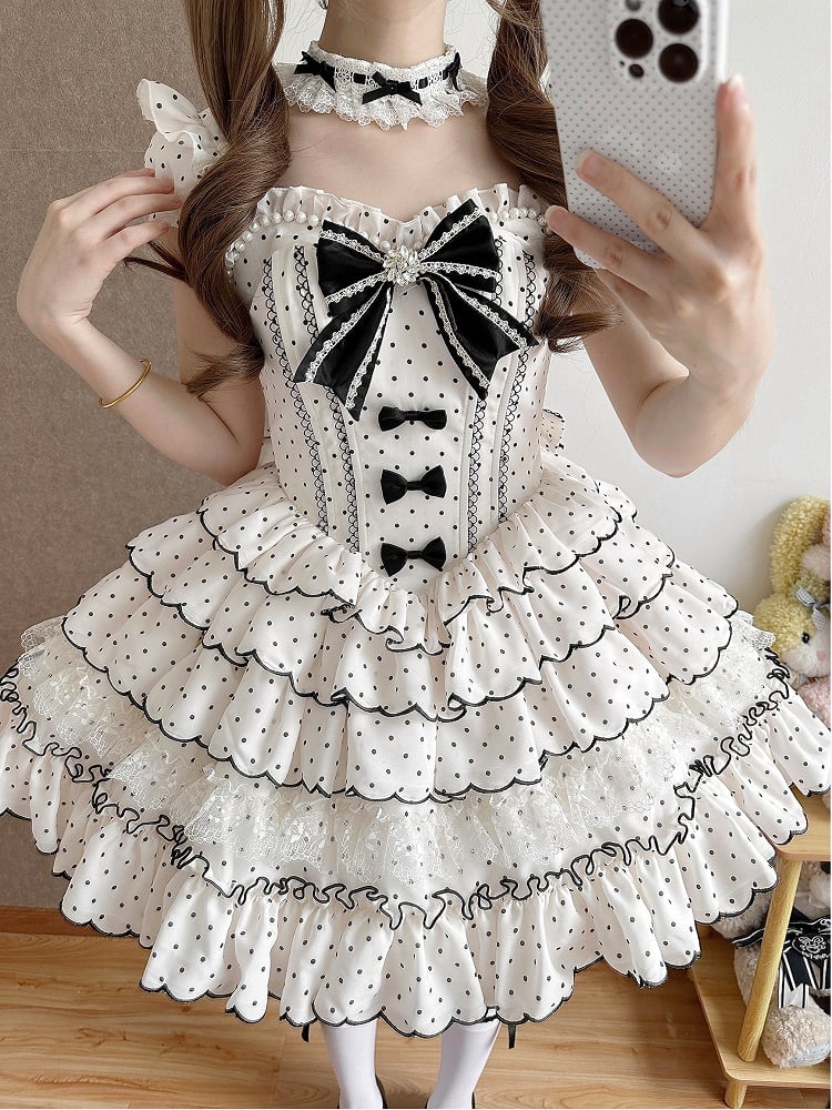 Süßes Lolita-Kleid mit Punkten, vielseitigem OP/JSK-Design und gestuftem Saum, Weiß