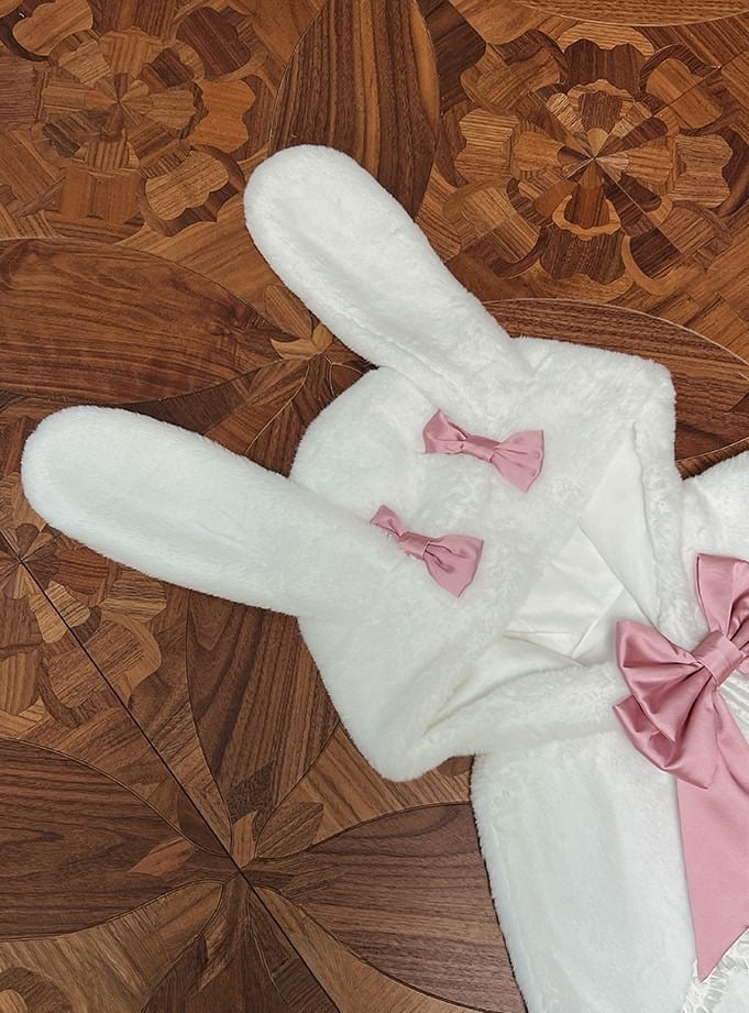 Pink White Cape Pom-poms with Hooded Lolita Bunny Bows and Ears
