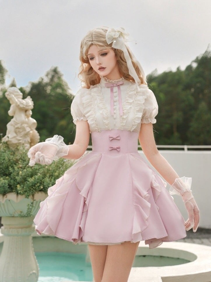 and Fake Blouse Boned Pieces Design Apricot Pink Skirt Lolita Waist Dress Two