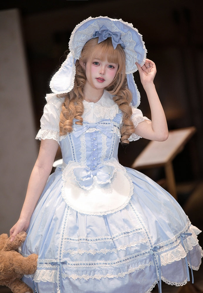 Lolita Old Edge Blauer Pullover Kleid Rock Schulbesatz Gewellter Saum