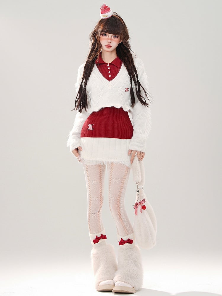 Weißer kurzer Pullover mit V-Ausschnitt + rotes Strickoberteil + weißer Minirock
