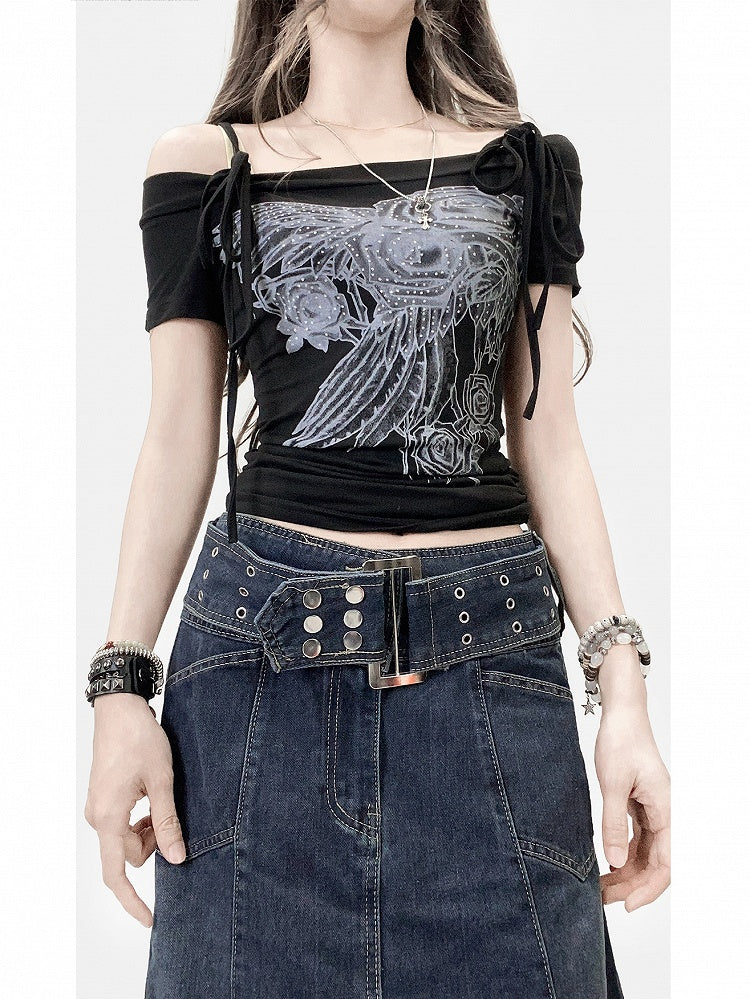 Off-the-shoulder Neckline Decorated Floral Black Rhinestone T-shirt Design Y2K