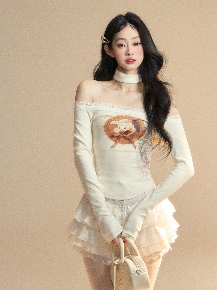 Lamb Print Waist Glamorous Top Patches Apricot Off-the-shoulder Lace Neckline