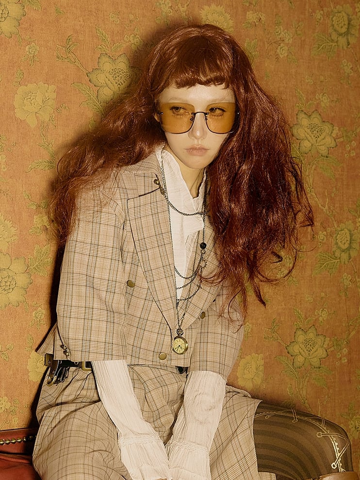 ライトブラウンのヴィンテージチェック柄ブレザー