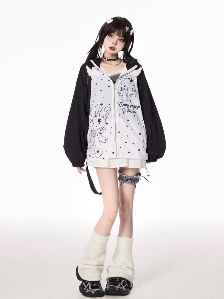 Design Hood Ears Kitty Colorblock Zip-up Jacket Cartoon Print Black/Green