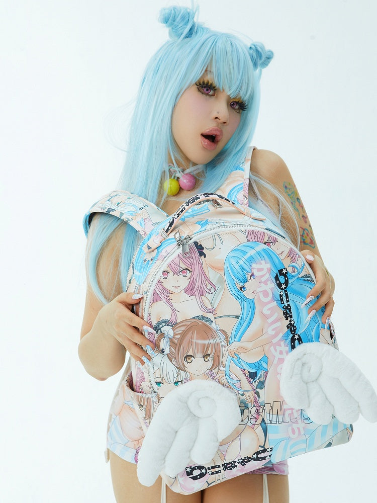 Angel Wings with Backpack Colorful Cartoon Print PU