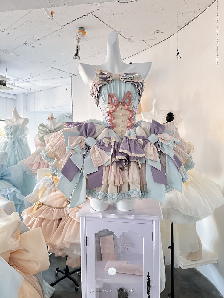 Purple Bowknots Skirt Big Lace-up Basque Waist Tiered Ruffle Sweet Lolita Dress and with Blue on