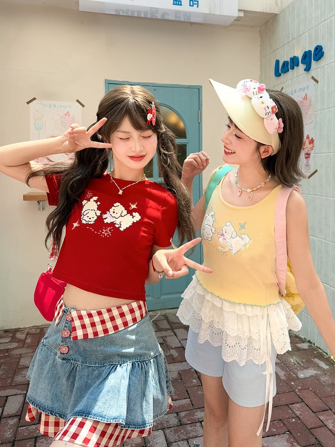 Self-tie Yellow Puppy Embroidery Lettuce Hem Tank Top Strap Shoulder with