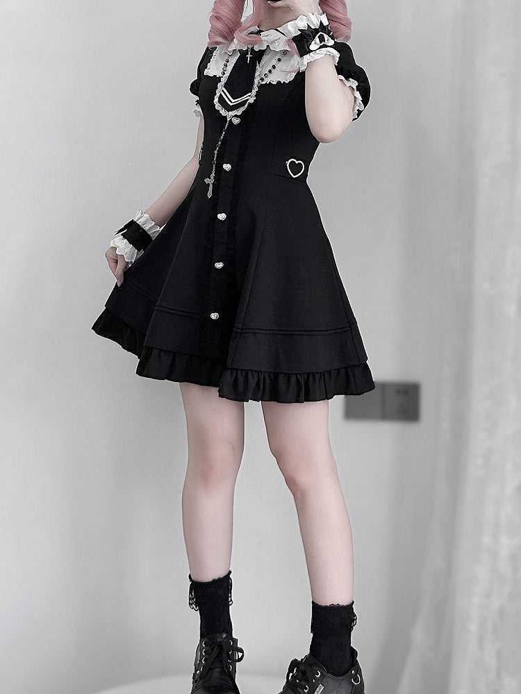 Tie Jirai Kei Set- Wrist + Black Available Lace Trim Dress + Cuffs Size Plus Shorts