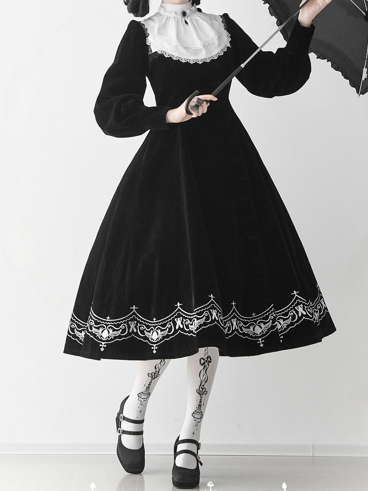 für Schwarzes Winter-Herbst-Details Nonne und Stickereiärmel Lolita-Samtkleid lang