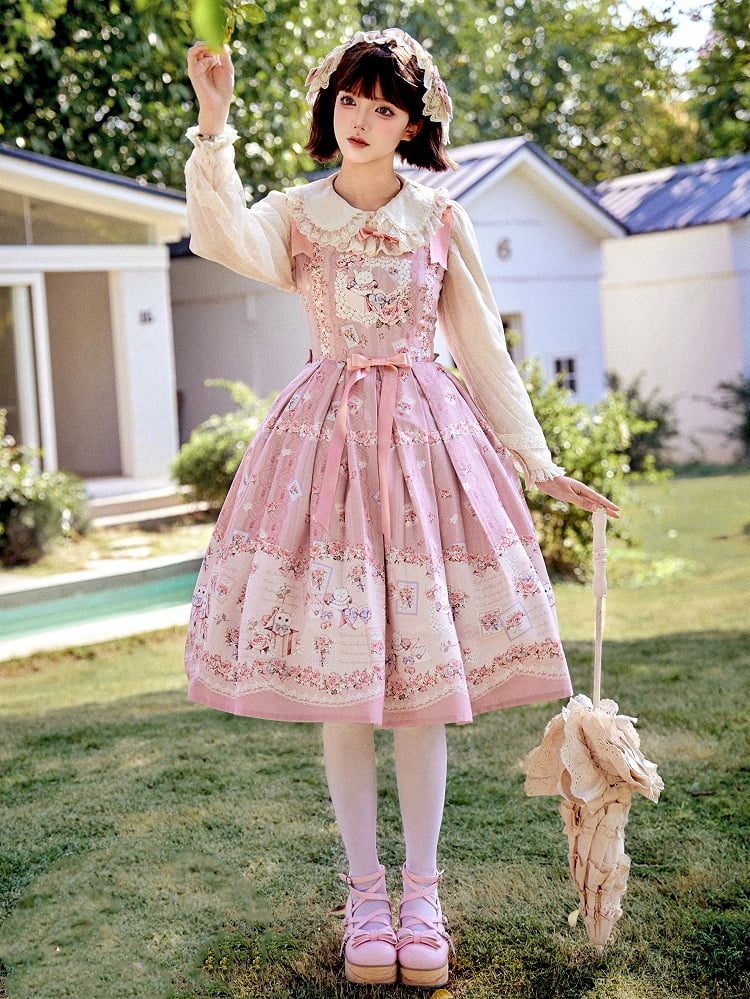 Kitty and Floral Pink Sweet Lolita Jumper Skirt