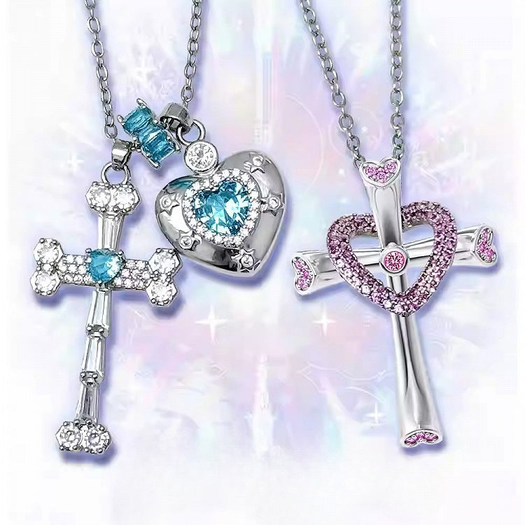 Heart And Pendant Rhinestone Pink/Blue/Green Necklace Y2K Cross Bittersweet