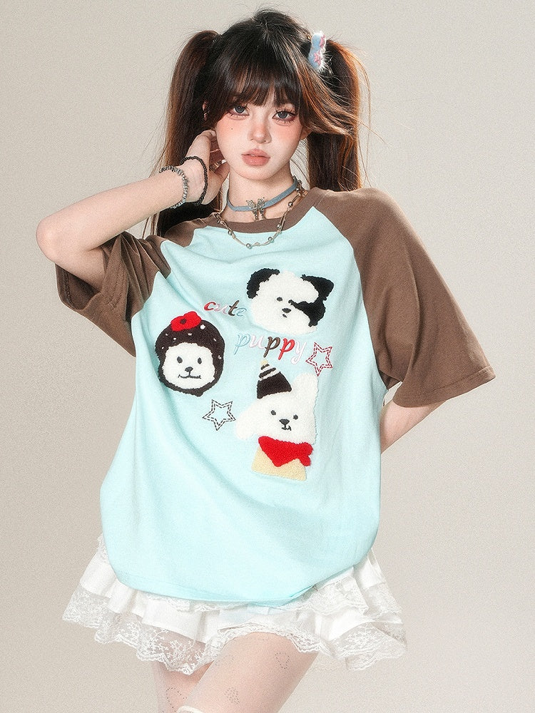 T-shirt Plush Kawaii Beige/Blue Puppy Letter Applique Embroidery Daily