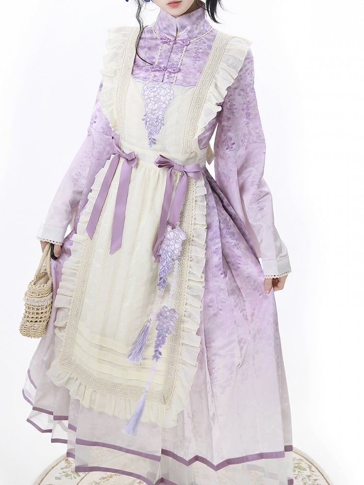 Beige Print Charm Kleid Quaste Lolita Han Schürze Floral Wisteria Lila + Perlen mit