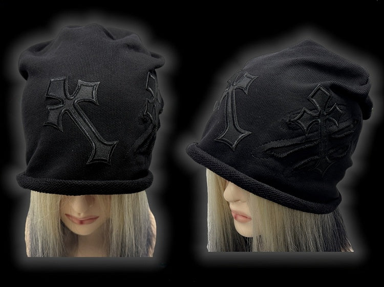 Y2K Schwarze Gothic Kreuz Applikationen Slouchy Beanie