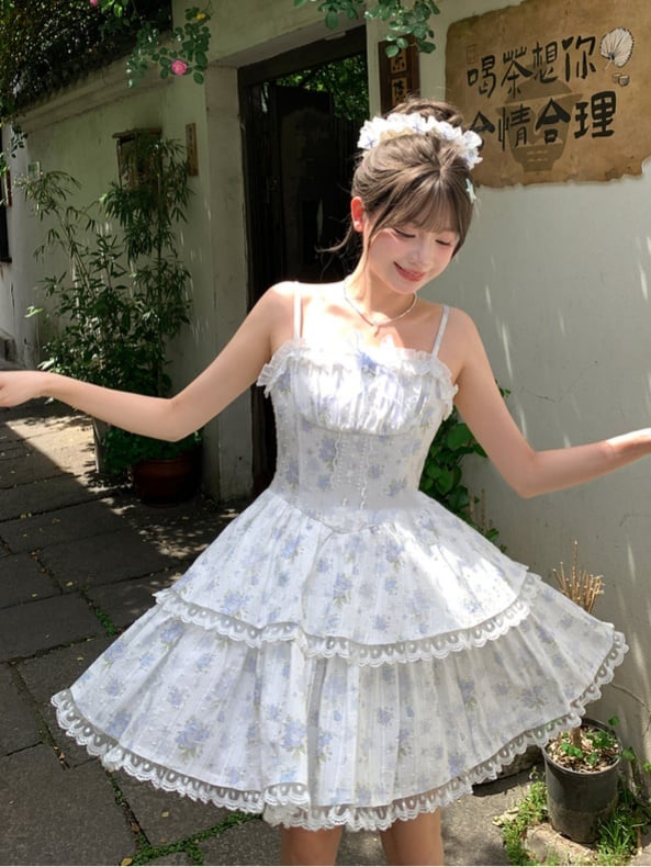 Skirt Short Floral Back Cami Dress Lace-up Version Light Blue Lace Trim Tiered with