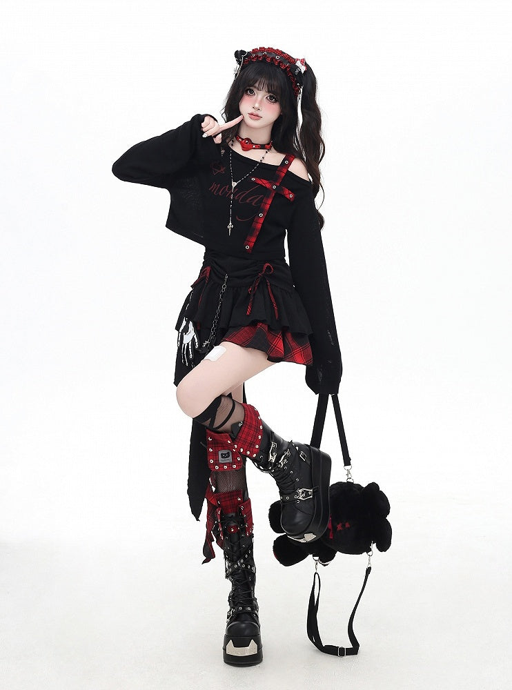 Cami Dress Skirt Red and Black Plaid Drawstring Waist Handkerchief Hem Tiered
