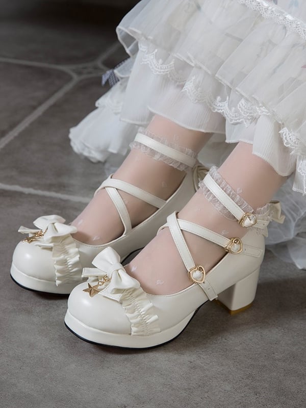 Block Heels with Charm Star Heart White Trim Buckles Lolita Ruffles Top Mid Bow